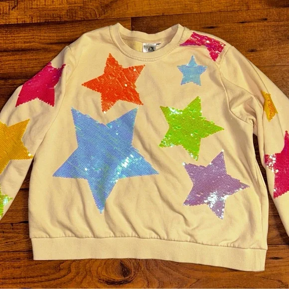 Queen Of Sparkle ~ Medium ~ White W/ Multi-Colors Star Sequins Sweater (Read) - Picture 3 of 12
